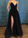 Sexy Side Slit Black Lace Long Evening Prom Dresses, Cheap Προσαρμοσμένο Πάρτι Prom Dresses, 18572
