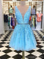 V Neck Blue Lace curto barato Homecoming vestidos on-line, CM822