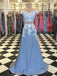 Fora do ombro duas peças azuis personalizadas longas vestidos de baile, 17626
