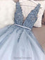 V Neck Light Blue Perled Cheap Evening Prom Robes, Evening Party Prom Robes, 12166