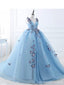 Cute Blue A-line V-neck Cheap Long Prom Dresses, Dance Dresses,12914