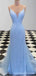 Sparkly Blue Mermaid Spaghetti Straps V-neck Cheap Long Prom Dresses,12886