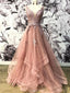 V-neck Dusty Peach Tulle A-line Μακρά βραδινά φορέματα Prom, Φθηνά φορέματα Custom Prom Prom, 18624