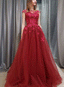 Καπάκι Μανίκι Δαντελλών Παραίσθησης Κόκκινο Τούλι Μια γραμμή Μακρύ Βράδυ Φορέματα Prom, 17641