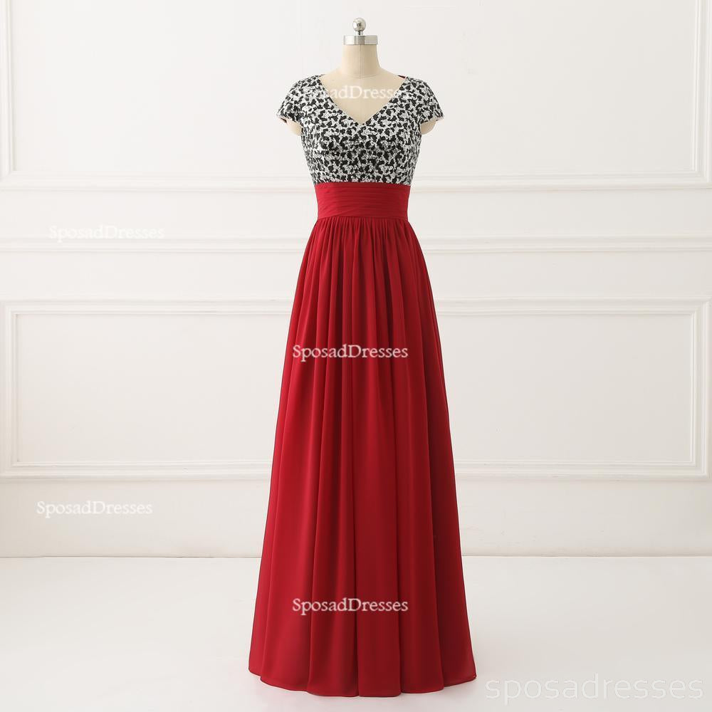 Short Sleeve Sequin Top Red Chiffon Rock V Neckline Custom Bridesmaid Dresses, Billig-Einzigartige Chiffon Long Bridesmaid Gown, BD120