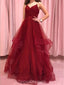 Sexy Backless Dark Red A linha Ruffle Evening Prom Dresses, Evening Party Prom Dresses, 12194