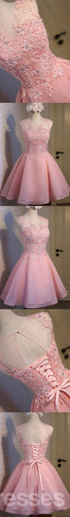 Ροζ Δείτε Μέσα από Δαντέλα Χαριτωμένο Homecoming Prom Φορέματα, Οικονομικά Σύντομο Κόμμα Φορέματα Prom, Τέλεια Homecoming Φορέματα, CM308