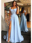 Cap Sleeves Side Slit Querida Blue Long Evening Prom Dresses, Cheap Sweet 16 Vestidos, 18382