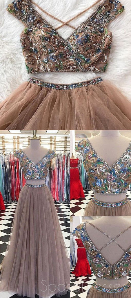 Sexy Δύο κομμάτια Cap Sleeve Heavly Beaded Long Evening Prom Dresses, Popular Cheap Long 2018 Party Prom Dresses, 17247