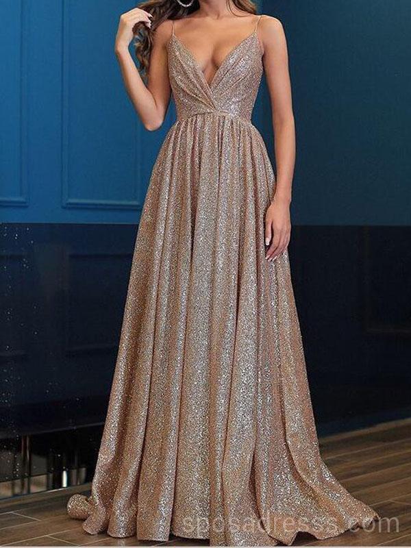 Σπαγγέτι λουράκια Sparkly Long Evening Prom Dresses, Φτηνές Custom Sweet 16 Φορέματα, 18560