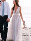 Profundamente V vestidos de casamento de praia de cadarço de decote, vestidos de casamento alfandegários longos sexy, 17104