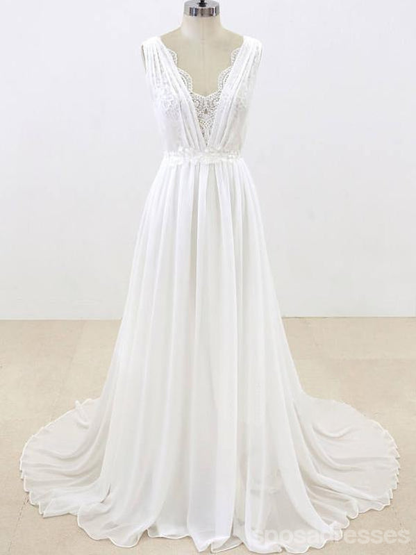 Vestidos de casamento de praia baratos com decote em V exclusivo elegante on-line, WD374