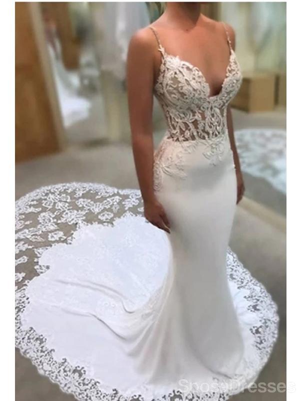 Cintas de espaguete veja através de vestidos de noiva sereia on-line, vestidos de noiva exclusivos baratos, WD599