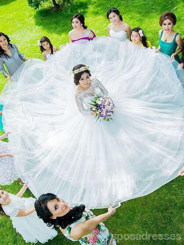 Popular Uma linha de Baixo de Renda Manga Longa Vestidos de Casamento On-line, WD425
