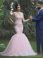 Robes de mariée sirène rose pâle à manches courtes en dentelle, WD427