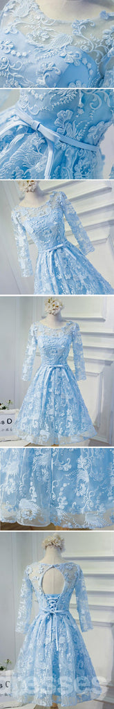 Μακριά μανίκια Μπλε ανοικτή πίσω δαντέλλα χαριτωμένα Homecoming Φορέματα χορού, προσιτά σύντομα φορέματα χορού κομμάτων, τέλεια Homecoming Φορέματα, CM314