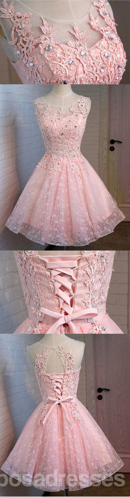 Ροζ Ανοικτή Πλάτη Δαντελλών Χάντρες Χαριτωμένο Homecoming Prom Φορέματα, Οικονομικά Σύντομο Κόμμα Φορέματα Prom, Τέλεια Homecoming Φορέματα, CM320