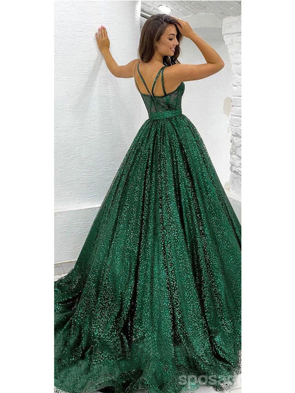 Sparkly Green A-line Spaghetti Straps Maxi Long Prom Dresses,Evening Dresses,13148