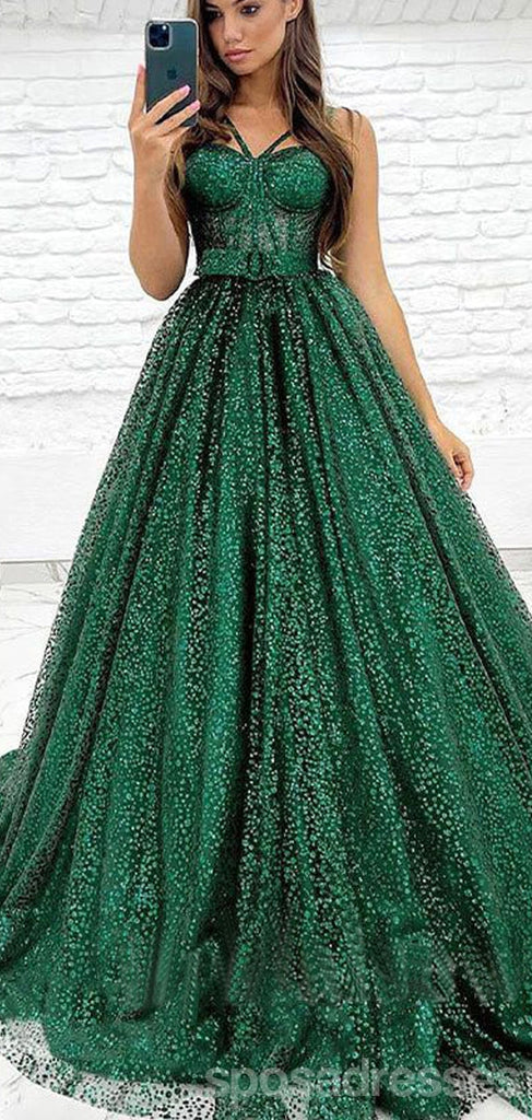 Sparkly Green A-line Spaghetti Straps Maxi Long Prom Dresses,Evening Dresses,13148