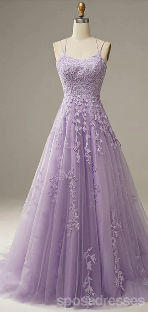 Purple A-line Spaghetti Straps Backless Cheap Long Prom Dresses Online,12813