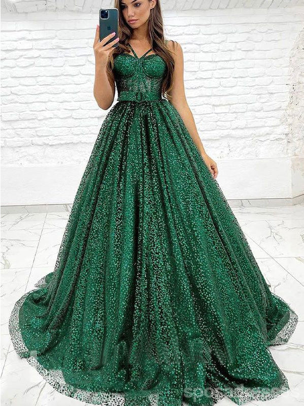 Sparkly Green A-line Spaghetti Straps Maxi Long Prom Dresses,Evening Dresses,13148