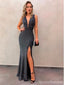 Grey Mermaid V-neck High Slit Cheap Long Prom Dresses Online,12957