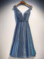 Brilhante de Pescoço de V Empoeirado Azul de Paetês Baile Vestidos Online Baratos, Curtos Vestidos de Baile, CM758