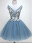 V Pescoço Dusty Blue Applique Cheap Short Homecoming Vestidos Online, Vestidos de Baile curtos baratos, CM825