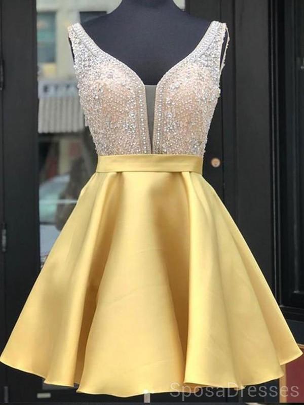 Χρυσό V Λαιμού με Χάντρες Short Homecoming Φορέματα σε απευθείας Σύνδεση, Φθηνά Σύντομη Φορέματα Prom, CM838