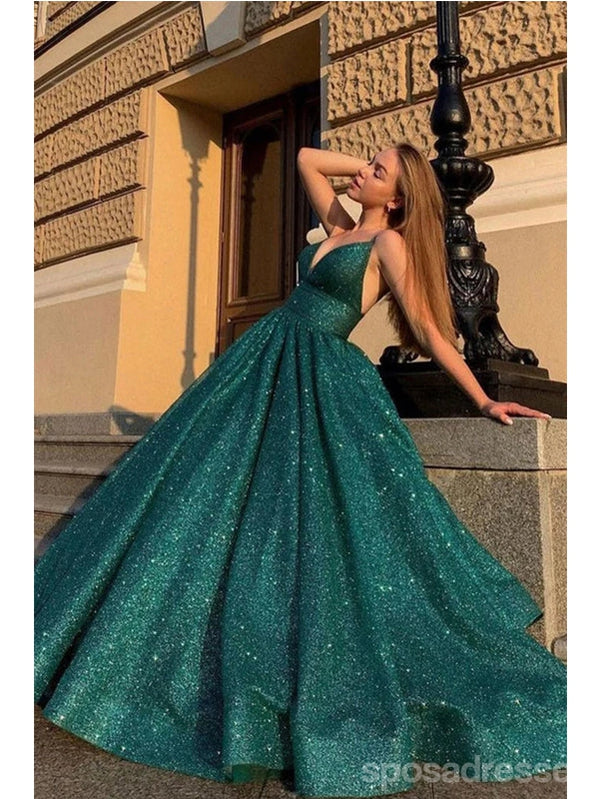 Green A-line Spaghetti Straps V-neck Cheap Long Prom Dresses,12853