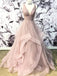 V-Neck Grey Tulle A-line Long Evening Prom Φορέματα, Φτηνές Κόμμα Custom Prom Φορέματα, 18628