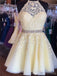 Halter κίτρινο δαντέλα beaded σύντομη φτηνά φορέματα homecoming σε απευθείας σύνδεση, CM824