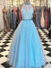 2018 μπλε δαντέλα Halter A-line μακρά βραδινά φορέματα Prom, 17644