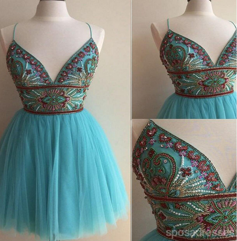 Turquoise lourdement perlée Tulle Short Homecoming Prom Dresses, Homecoming Cocktail Dresses, CM360