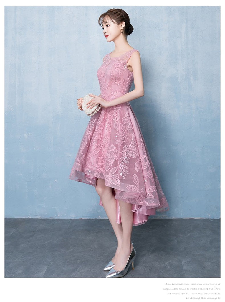 Pink Lace Scoop High Low Cheap Homecoming Vestidos Online, CM694