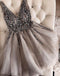 V Neck Grey Heavily Beaded Rhinestone Short Homecoming Dresses Online, CM672