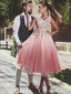 V Neck Lace Perlée Blush Pink Short Cheap Homecoming Dresses Online, CM731