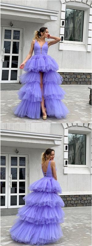 Purple A-line Straps V-neck Long Prom Dresses Online, Dance Dresses,12606