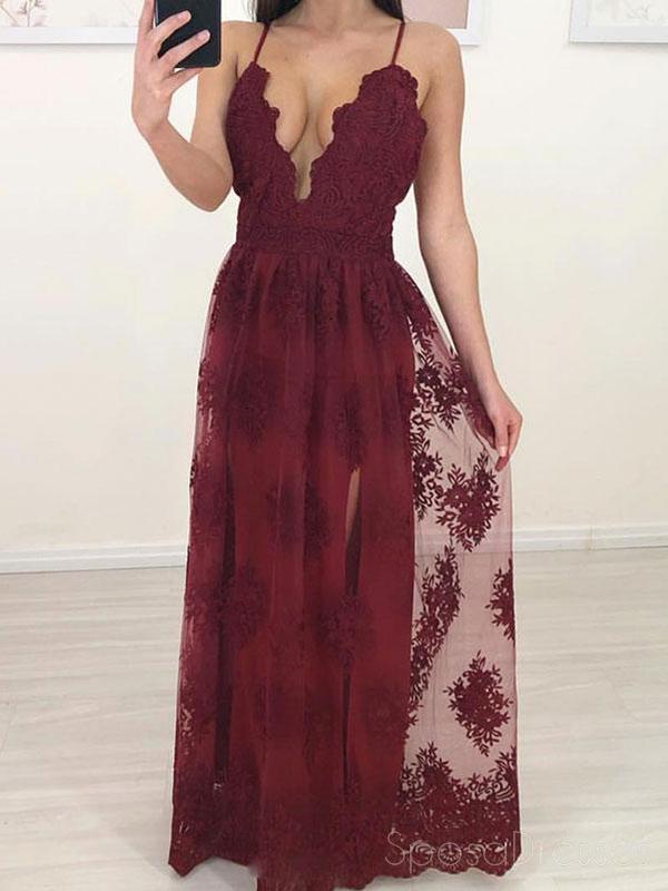 Maroon Side Slit Lace Φθηνά μακρά βραδινά φορέματα Prom, Custom Sweet16 Φορέματα, 18416
