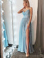 Cintas de espaguete azul claro lado fenda longo vestidos de baile de noite, cheap custom sweet 16 vestidos, 18550