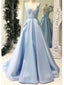 Einfach Licht Blau Langen Abend Prom Kleider Mit Taschen, Billig Custom-Partei-Abschlussball-Kleider, 18596