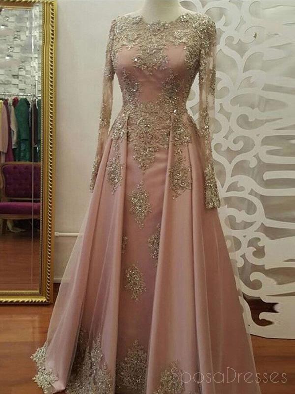 Μακριά μανίκια χρυσό δαντέλα beaded ροζ φούστα μακρύ βράδυ prom φορέματα, φτηνά γλυκά 16 φορέματα, 18357