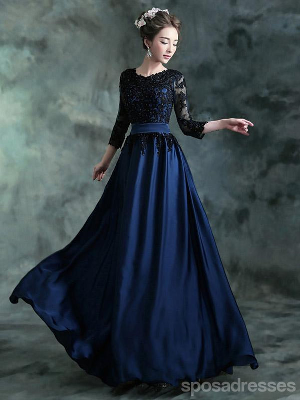 Navy Blue A-line Jewel 3/4 Sleeveless Long Prom Dresses Online,12642