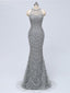 Graue Spitze Stark Beaded Mermaid Lange Abend Prom Dresses, Luxuriöse Sweet 16 Kleider, 18347