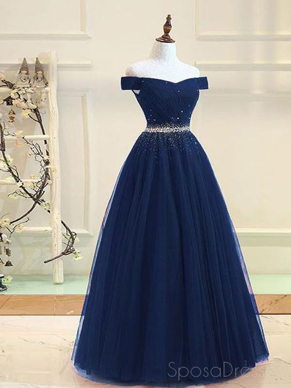 Off Shoulder Navy Tulle A linha Beaded Long Evening Prom Dresses, 17694
