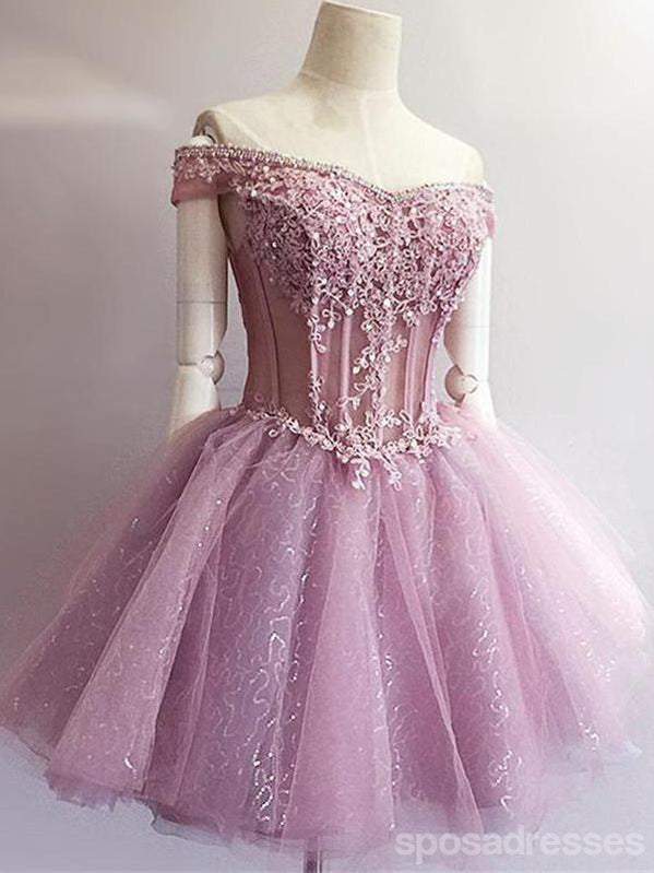 Fora do ombro Pink Lace ver através de curtos vestidos de baile 2018, CM551