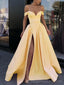 Off Shoulder Yellow Side Slit Cheap Yellow Long Evening Prom Dress, Party Prom Dress, 18615