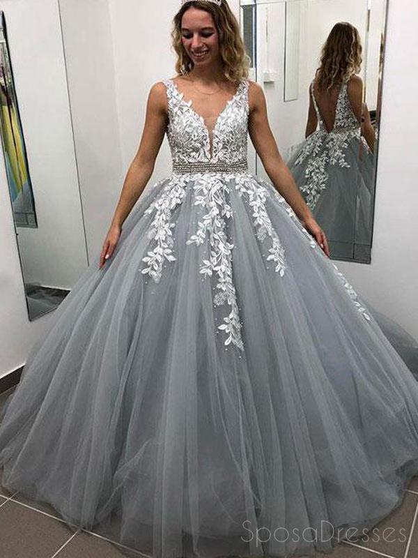 V Neck Grey Lace Ball Gown Long Evening Prom Dresses, Φθηνά Φορέματα Custom Party Prom, 18582