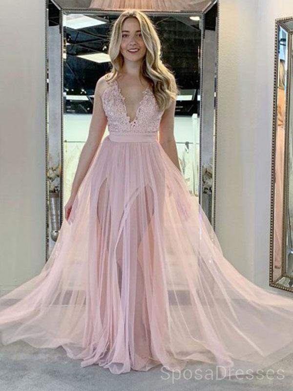 Pale Pink V Neck Side Slit Tulle Long Evening Prom Vestidos, Baratos Custom Sweet 16 Vestidos, 18479