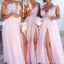 Erotischer Seitenschlitzkappenärmel rosa kundenspezifische lange Brautjungfernkleider, WG233